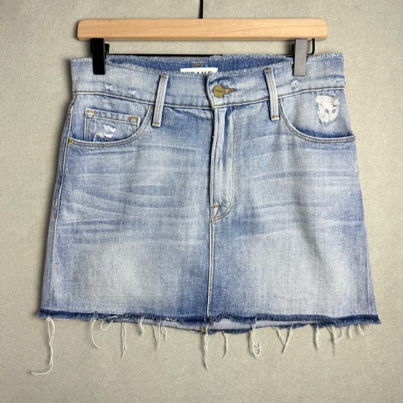 Frame Women’s Sawyer Mini Denim Skirt Cotton Distressed Raw Edge Cutout size 26 - Picture 1 of 10